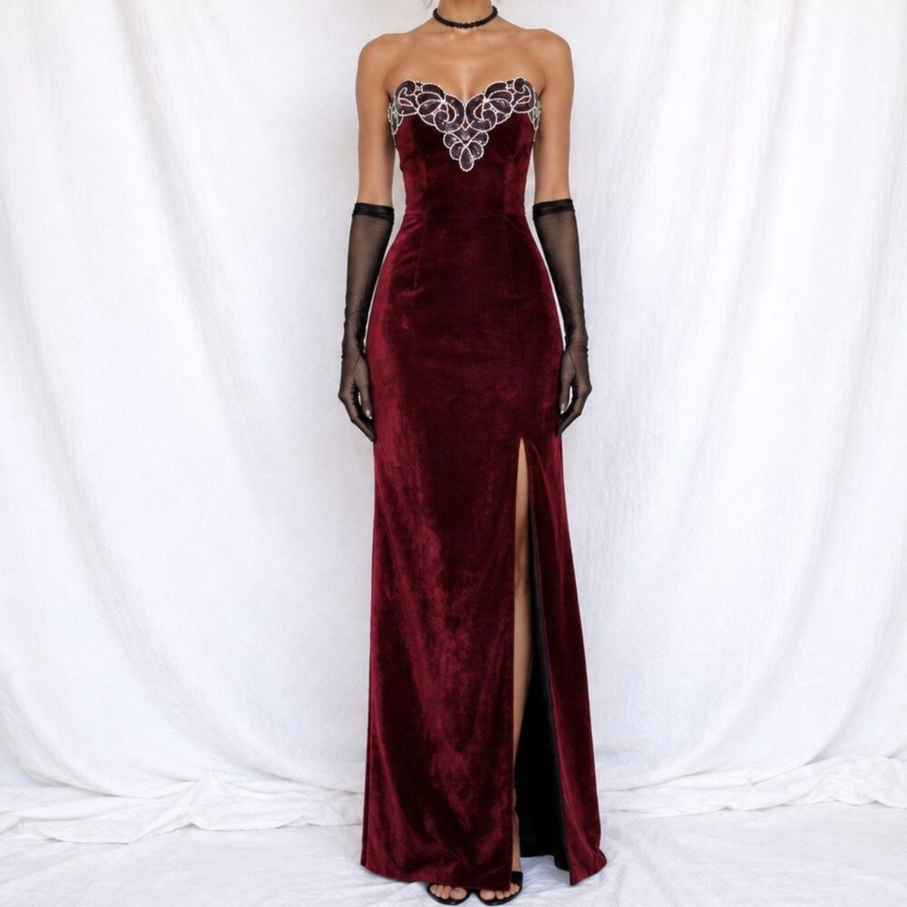 Vintage Burgundy Red Strapless Sequin Beaded Velvet Bodycon Maxi Slit Prom Dress